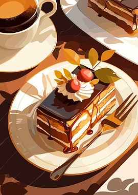 Chocolate Cake and Coffee Illustration