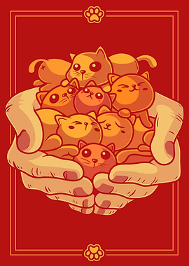 Hands Holding Cute Cartoon Cats