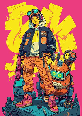 Fantasy of anime boy with Robot Companion