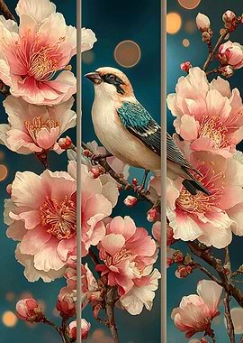 Bird Perched Among Cherry Blossoms Triptych