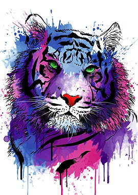 Colorful Tiger Portrait with Watercolor Effect