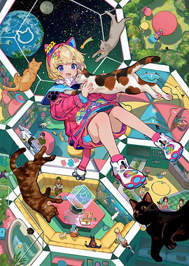 Anime Girl with Cats in Surreal Setting