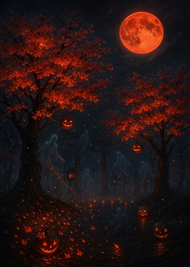 Halloween Night with Ghosts and Pumpkins