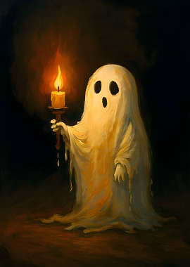 Ghost Holding Candle in Dark Painting