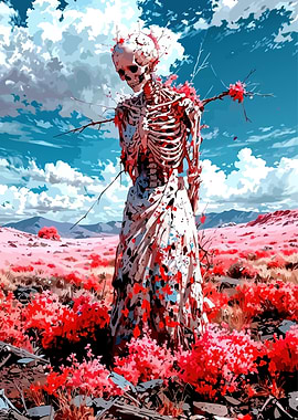 Floral Skeleton in a Red Field