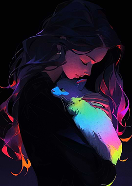 Woman Hugging Cat with Rainbow Colors