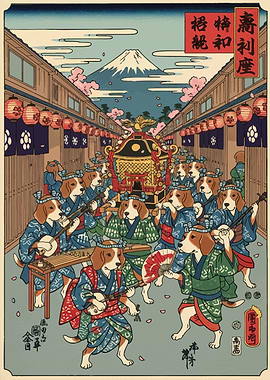 Dog Parade in Japanese Ukiyo-e Style
