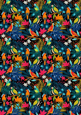 Tropical Parrot and Floral Pattern