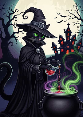 Halloween Witch Cat Potion Brewing