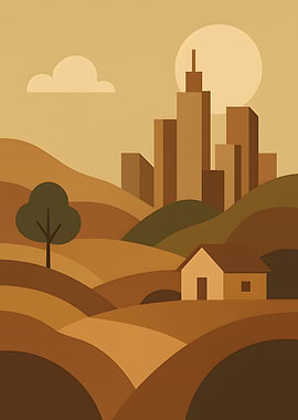 Minimalist Landscape with Cityscape