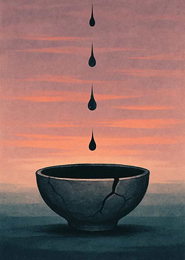 Cracked Bowl with Falling Water Drops