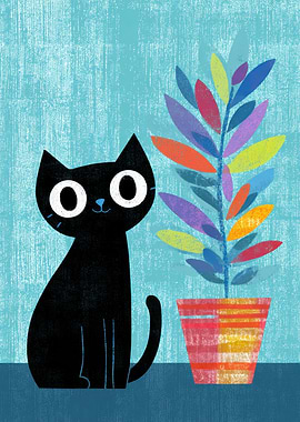 Black Cat and Colorful Plant Illustration