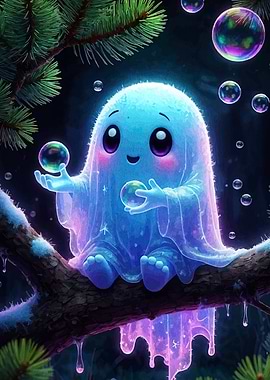 Cute Ghost with Bubbles on Branch