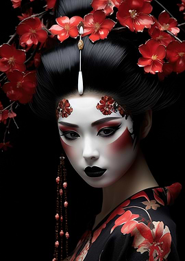 Geisha with Red Flowers and Makeup