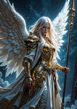 Winged Warrior Angel in Golden Armor