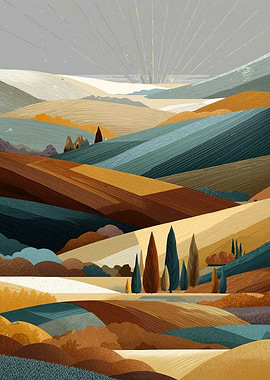 Abstract Landscape with Rolling Hills and Trees