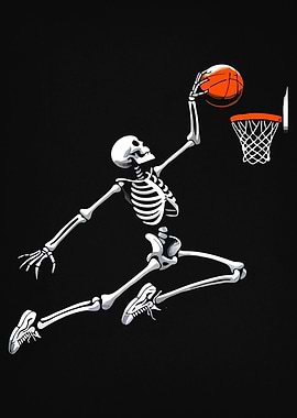 Skeleton Dunking Basketball on Black Background