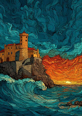 Coastal Castle with Waves and Sunset