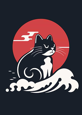 Cat on Wave with Rising Sun