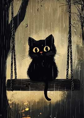 Black Cat on Swing in Rain