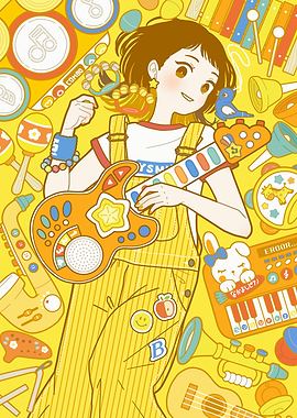 Girl with Musical Instruments, Yellow Aesthetic