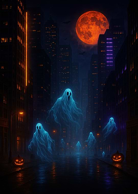 Halloween Ghosts in Cityscape