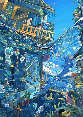 Underwater Cityscape with Dolphins and Building