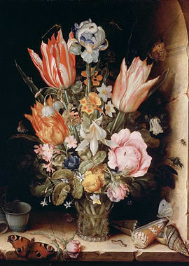 Floral Still Life Painting with Insects