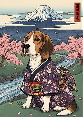 Beagle in Kimono with Mount Fuji