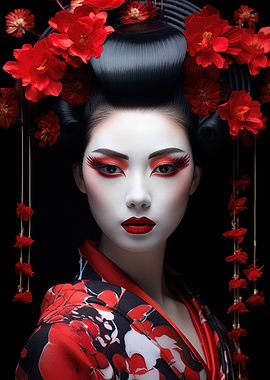 Geisha Portrait with Red Flowers