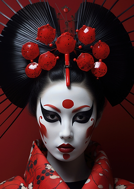 Geisha Portrait with Red and Black Accents