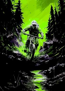 Mountain biker in green forest
