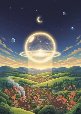 Fantasy Village Under Celestial Light