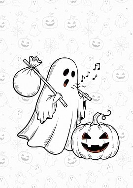 Halloween Ghost with Pumpkin and Sack