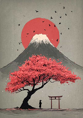 Mount Fuji with Cherry Blossom Tree