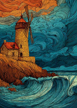Lighthouse and Windmill by the Sea