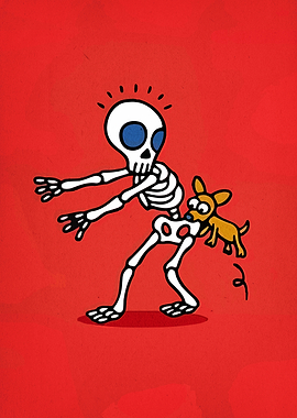 Cartoon Skeleton with Dog on Red