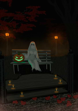Ghost with Pumpkin on Park Bench