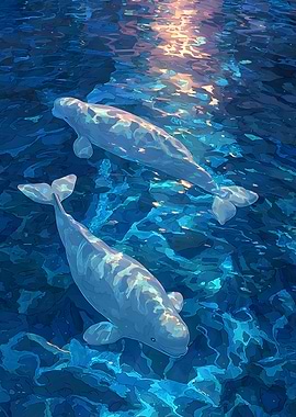 Beluga Whales in Blue Water