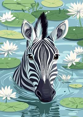 Zebra in Water Lily Pond