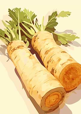 Two Parsnips with Green Tops Illustration