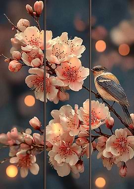 Bird on Cherry Blossom Branch Triptych