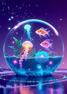 Glowing Aquarium with Jellyfish and Fish