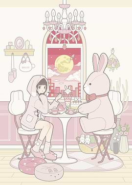 Girl and Bunny Tea Party Illustration