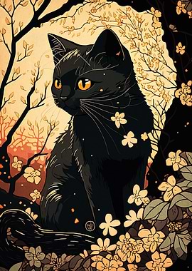 Elegant Black Cat with Floral Accents