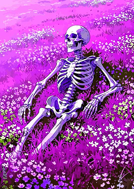 Skeleton in a field of flowers