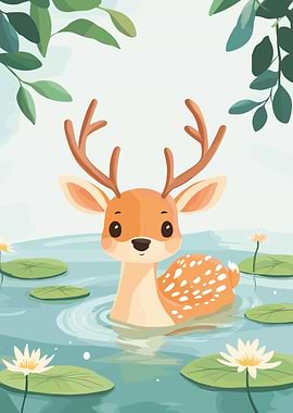 Cute Deer in Pond Illustration