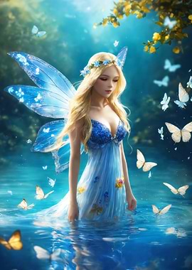 Blue Fairy in Water with Butterflies