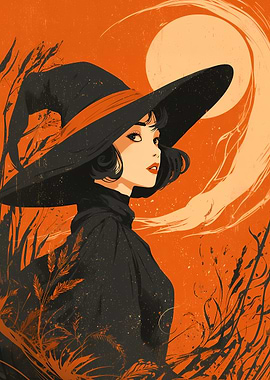 Elegant Anime Witch with Orange Background