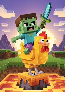 Minecraft Zombie Riding Chicken with Sword